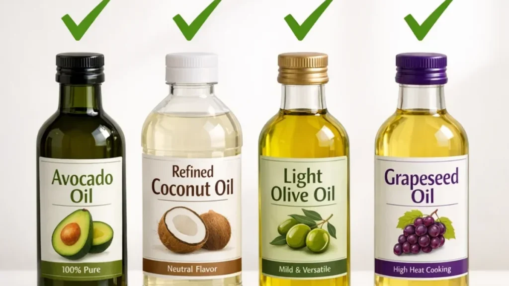 Best Oils for Air Fryer Cooking (Smoke Points Explained) 3 Four bottles of approved cooking oils (avocado, refined coconut, light olive, grapeseed) arranged in a row on white surface, each bottle labeled clearly, green checkmarks above bottles,