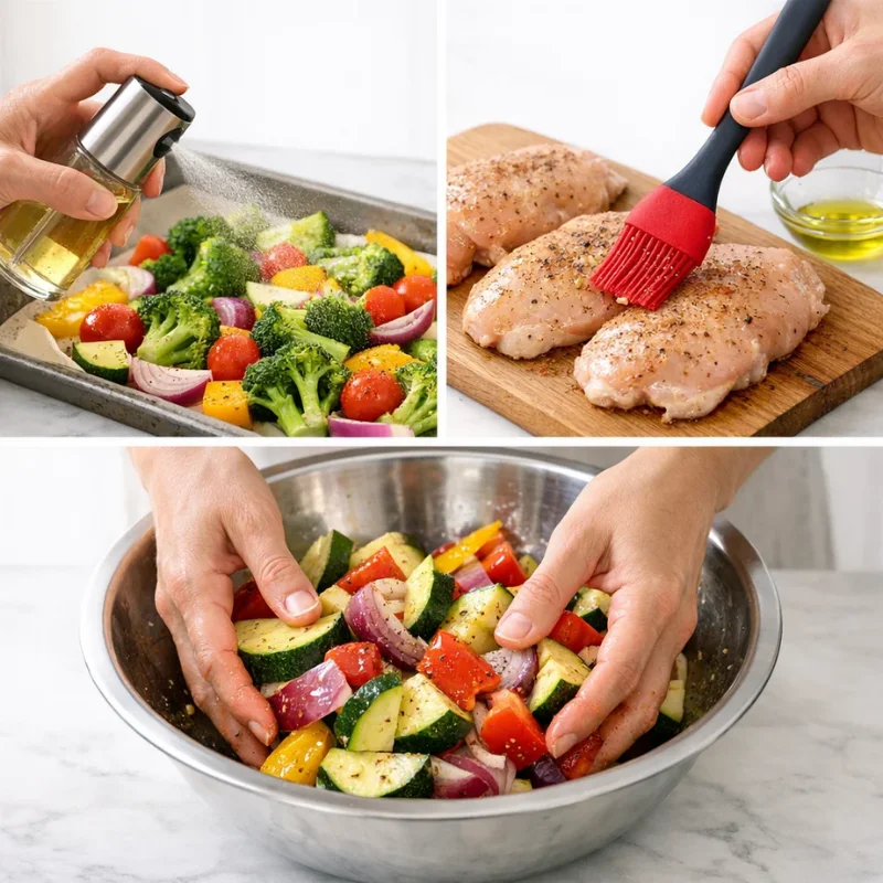 Best Oils for Air Fryer Cooking (Smoke Points Explained) 4 Three instructional photos in grid: (1) oil spray bottle spraying vegetables, (2) silicone brush applying oil to chicken, (3) hand tossing oiled vegetables in bowl
