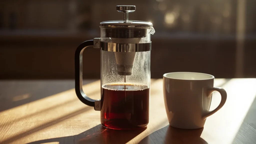 Classic French Press (Bodum style) filled with dark coffee, plunger mid-way down (not fully pressed)