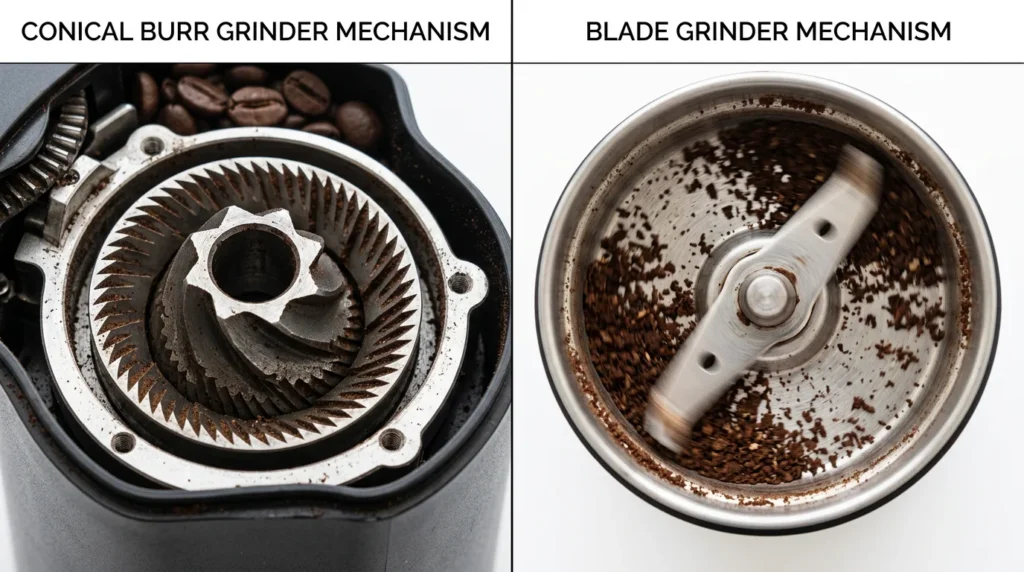 Split-screen comparison: (left) burr grinder mechanism photographed from inside showing conical burrs, (right) blade grinder showing spinning blade,