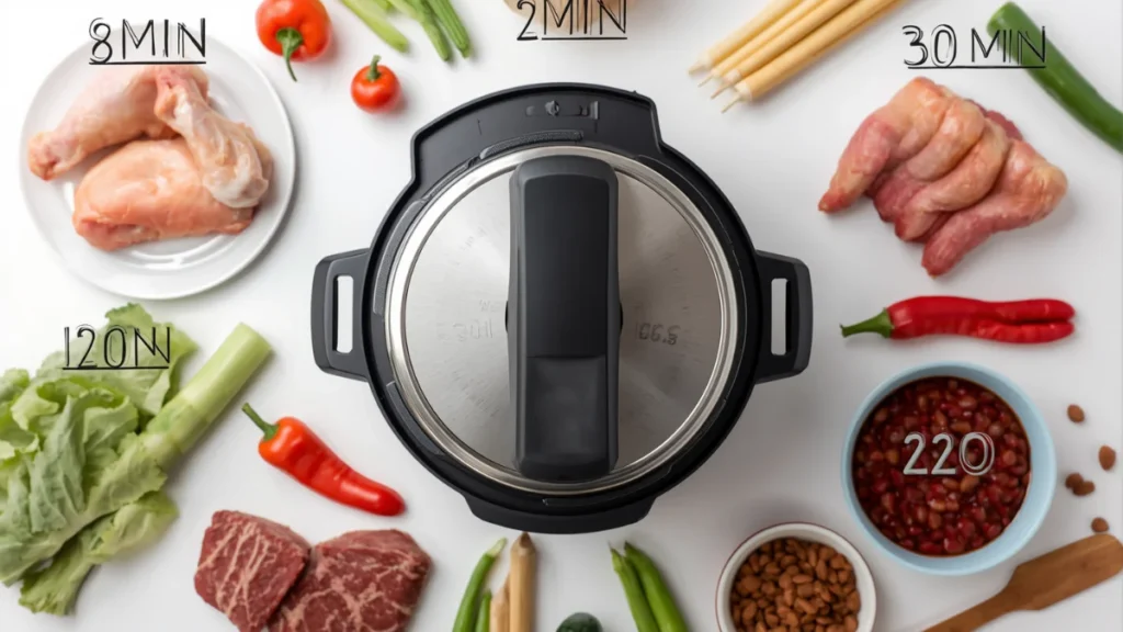 Instant Pot Pressure Cooking Times Chart: Common Foods + Conversions 4 Infographic-style image combining: Instant Pot top view, numbers showing cooking times (8 min, 20 min, 30 min visible), clock face elements, ingredients arranged around (chicken, beef, vegetables, beans)