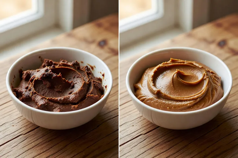 Split-screen comparison: left side shows dark brown overly-cooked nut butter in bowl (unappealing), right side shows perfect medium-brown creamy nut butter (appetizing), white ceramic bowls, wooden surface,