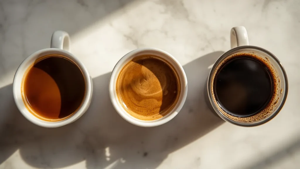 Three white ceramic coffee cups arranged in a line, each filled with distinctly different coffee brews: (left) thick dark espresso from Moka, (center) smooth medium brown from AeroPress, (right) dark bold from French Press, white marble surface