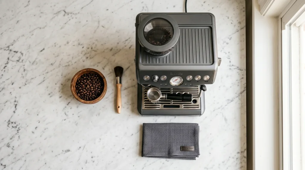 Overhead flat lay showing coffee maker with grinder hopper, small brush for cleaning, coffee beans in small wooden bowl, maintenance cloth, white marble surface,