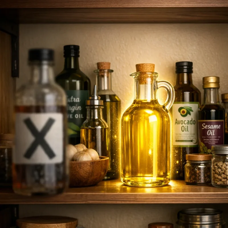 Best Oils for Air Fryer Cooking (Smoke Points Explained) 5 Cool, dark pantry shelf with various cooking oil bottles stored properly, soft ambient lighting, wooden shelving, organized neat arrangement, rancid oil bottle marked with X (blurred/separate), fresh oil bottle highlighted with subtle glow,