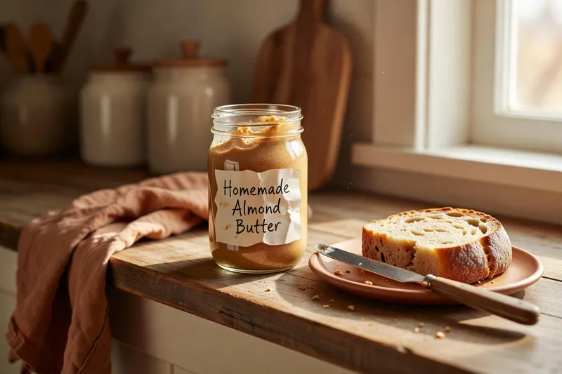 Mason jar of homemade nut butter with handwritten label, sitting on wooden shelf , fresh bread slice nearby ready to spread