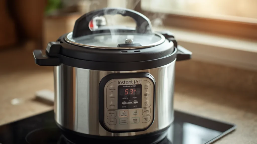 Instant Pot Pressure Cooking Times Chart: Common Foods + Conversions 5 Instant Pot Duo on stovetop (induction cooker visible underneath), lid sealed, pressure valve indicator visible, steam releasing gently