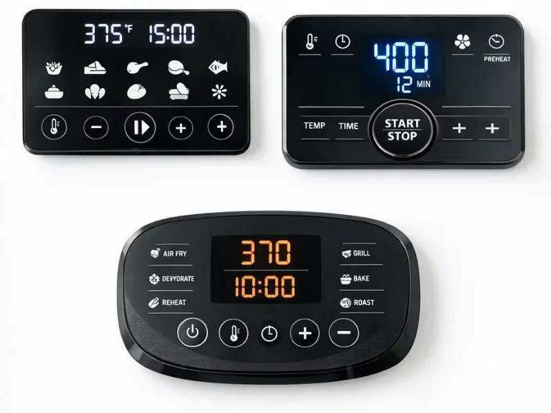 ai_6a7217bb82bdb2.49559412 Flat lay of three air fryer control panels/displays photographed from above, showing different button layouts and screen sizes-different user face