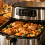 Large capacity air fryer (6+ quart) on kitchen counter, open basket showing cooked golden chicken and roasted vegetables inside, family of 4 in soft focus around table eating dinner together