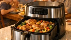 Best Air Fryer for Large Families (2026): 5+ Quart Capacity Tested 9 Large capacity air fryer (6+ quart) on kitchen counter, open basket showing cooked golden chicken and roasted vegetables inside, family of 4 in soft focus around table eating dinner together