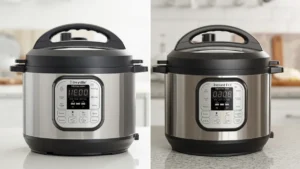 Close-up detail shot of Breville Fast Slow Pro: stainless steel exterior gleaming, digital touchscreen display glowing, premium button controls,