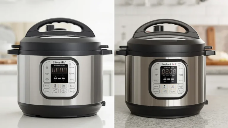Close-up detail shot of Breville Fast Slow Pro: stainless steel exterior gleaming, digital touchscreen display glowing, premium button controls,