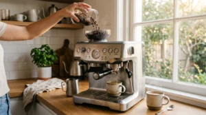 Premium coffee maker with built-in grinder (Breville Barista Express styled) on kitchen counter, whole coffee beans being poured into hopper (mid-pour), fresh cup of coffee steaming beside