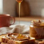 Homemade almond butter in glass jar, spread thickly on warm toast with drizzle of honey, fresh almonds scattered on wooden cutting board