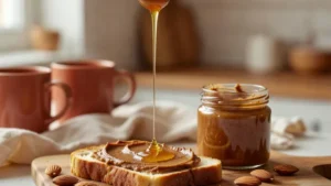 How to Make Nut Butter in a Blender (Without Overheating) 1 Homemade almond butter in glass jar, spread thickly on warm toast with drizzle of honey, fresh almonds scattered on wooden cutting board
