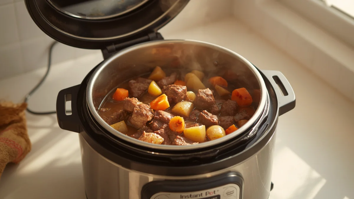 Instant Pot Pressure Cooking Times Chart: Common Foods + Conversions 1 Instant Pot pressure cooker open on kitchen counter, basket containing perfectly cooked beef stew (tender chunks of meat, carrots, potatoes), steam rising, warm home-cooked comfort food aesthetic