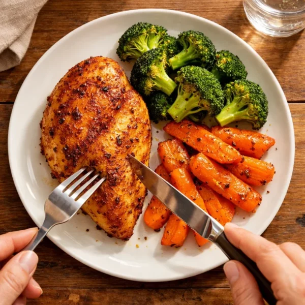 ai_6a7217edc6b674.33617853 Overhead view of a plate with a perfectly cooked air-fried chicken breast, crispy exterior, roasted broccoli and carrots, on a white plate with a wooden table surface, a fork ready to cut