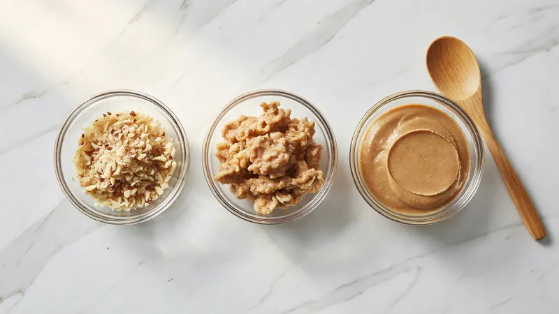 Three small glass bowls arranged in progression showing stages of nut butter making: (1) finely chopped nuts, (2) wet chunky paste, (3) creamy smooth butter, wooden spoon resting on side