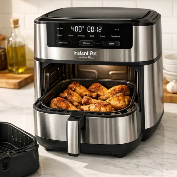 ai_6a72177656f861.52374091 Instant Pot Vortex Plus air fryer (6.5-quart) in stainless steel on white kitchen counter, basket removed showing interior, cooked chicken visible