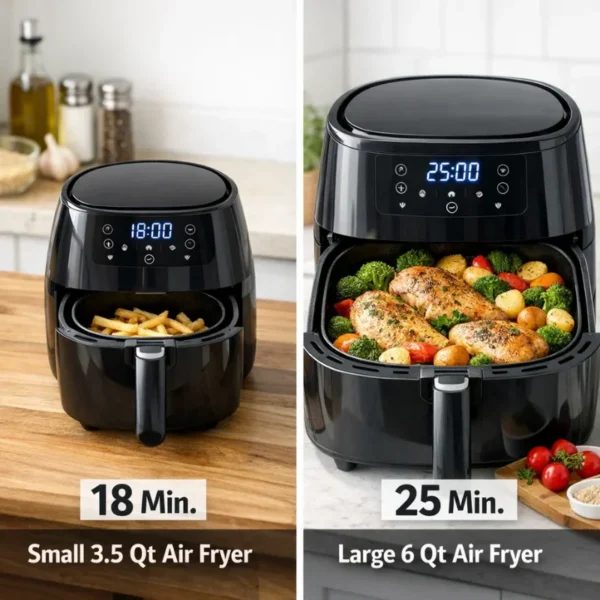 Best Air Fryer for Large Families (2026): 5+ Quart Capacity Tested 2 Two kitchen scenes side-by-side: (left) small 3.5-quart air fryer with limited food, timer showing 18 minutes; (right) large 6-quart air fryer with full meal (chicken + vegetables), timer showing 25 minutes total