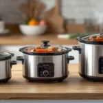 Three slow cookers of different capacities on a family kitchen counter with a slow-cooked stew