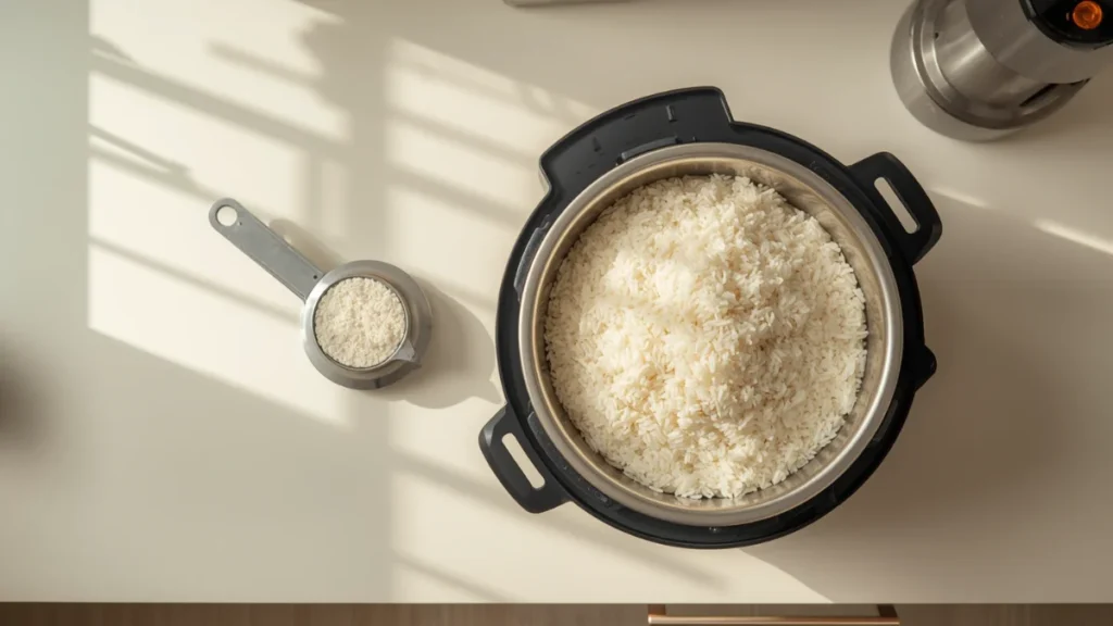 Best Rice Cookers for Large Families (2026): 7 Picks That Actually Keep Up 3 Rice cooker measuring cup of uncooked rice next to a bowl of cooked rice showing the 1 to 2 ratio
