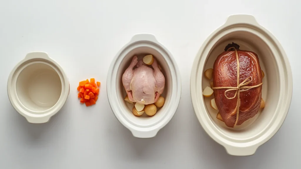 Three slow cooker inserts side by side showing 3-quart, 6-quart and 8-quart capacity differences