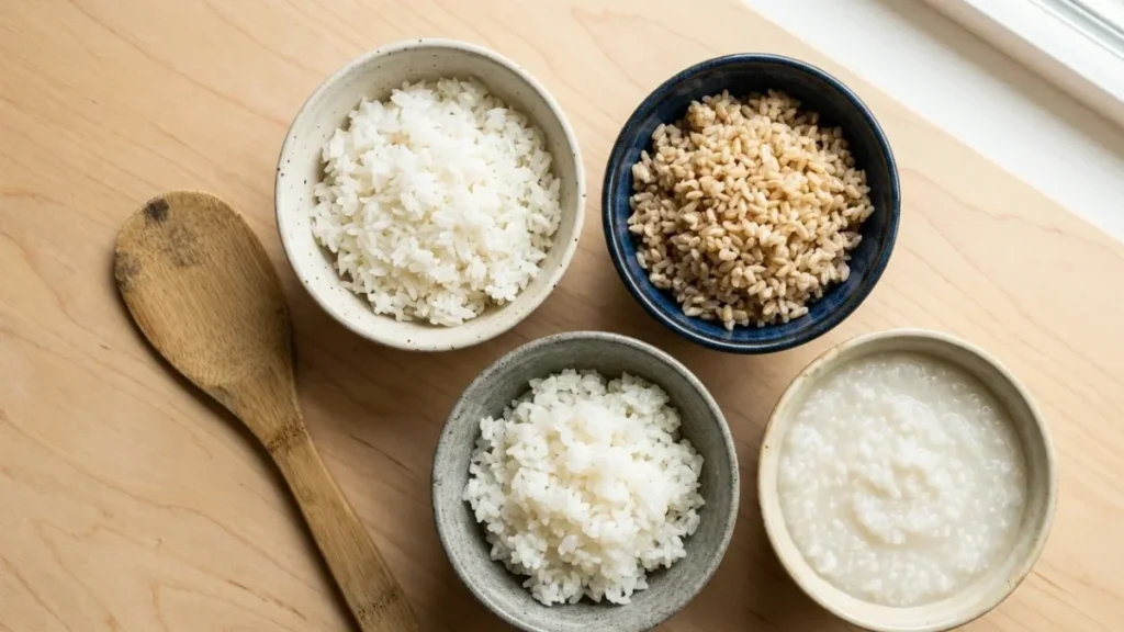 Zojirushi Neuro Fuzzy (NS-ZCC10) Review 2026: Is the $270 Rice Cooker Worth It for a Rice-Eating Family? 3 Four small ceramic bowls of perfectly cooked rice — white, brown, sushi, and porridge — on a light birch-wood surface beside a bamboo rice paddle
