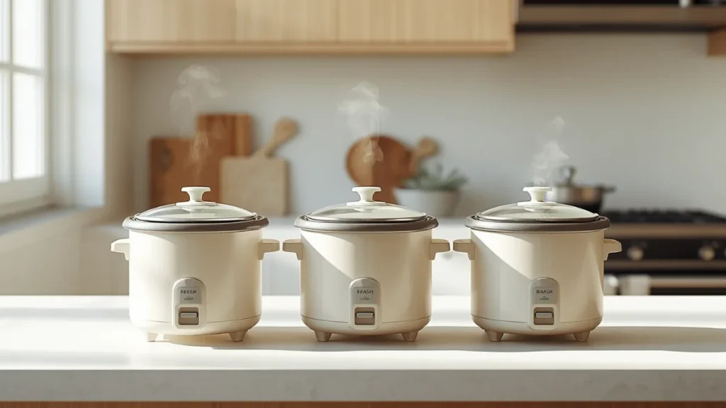 Best Rice Cookers for Large Families (2026): 7 Picks That Actually Keep Up 2 Three rice cookers of different capacities lined up on a kitchen counter for size comparison