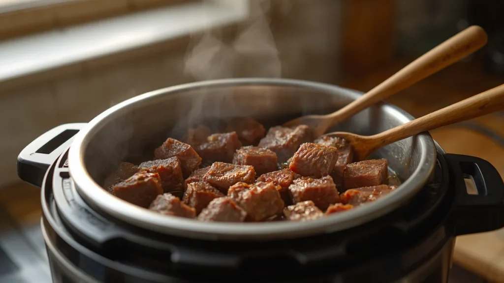Beef chunks being seared in the metal insert of a multi-cooker before slow cooking