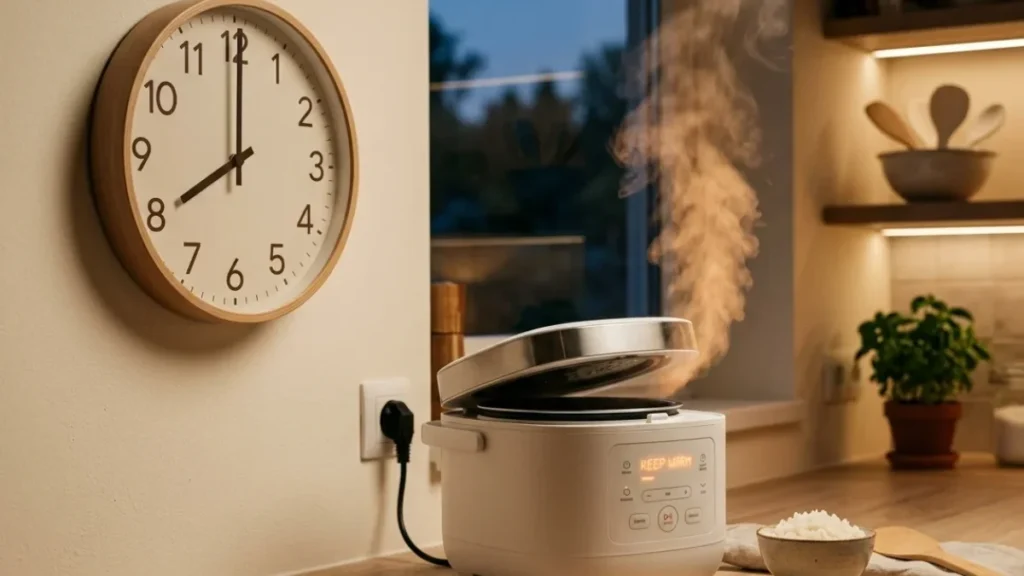 Zojirushi Neuro Fuzzy (NS-ZCC10) Review 2026: Is the $270 Rice Cooker Worth It for a Rice-Eating Family? 4 A wall clock reading 8 PM beside a modern white rice cooker on keep-warm with gentle steam rising from the slightly open lid