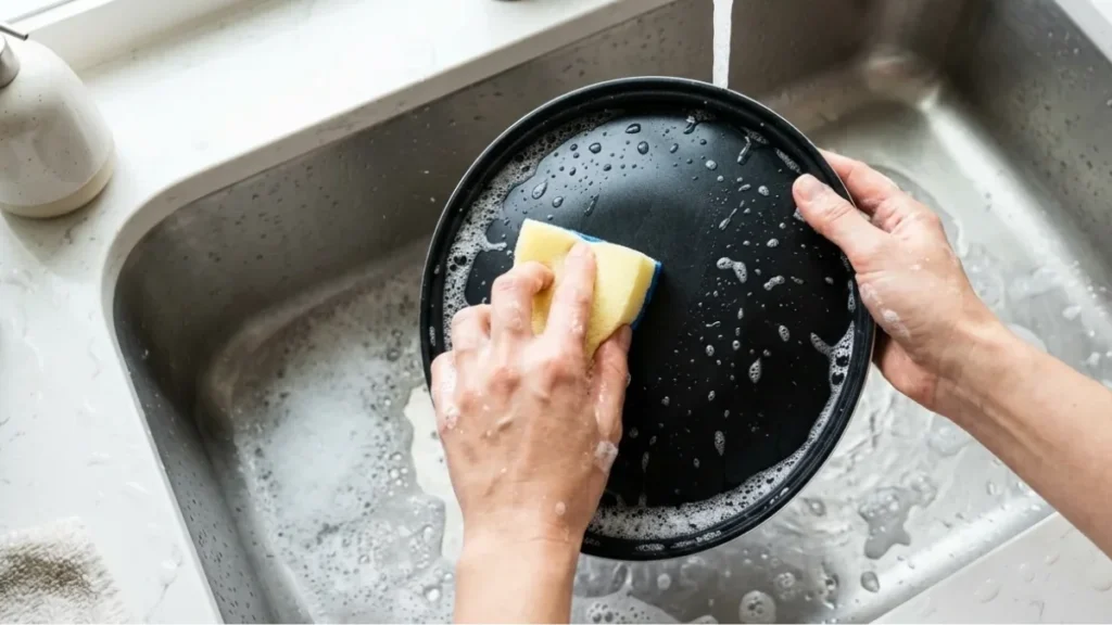 Zojirushi Neuro Fuzzy (NS-ZCC10) Review 2026: Is the $270 Rice Cooker Worth It for a Rice-Eating Family? 5 Close-up overhead of hands washing a nonstick rice cooker inner pot in a kitchen sink with a soft sponge and soapy water