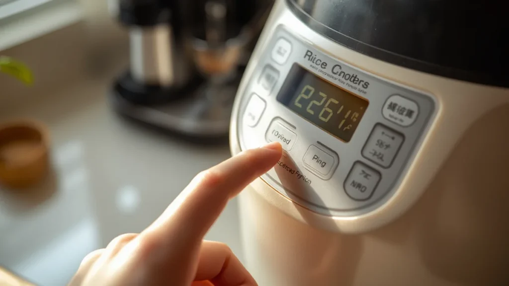 Best Rice Cookers for Large Families (2026): 7 Picks That Actually Keep Up 11 Close-up of a fuzzy logic rice cooker digital control panel with rice and porridge settings