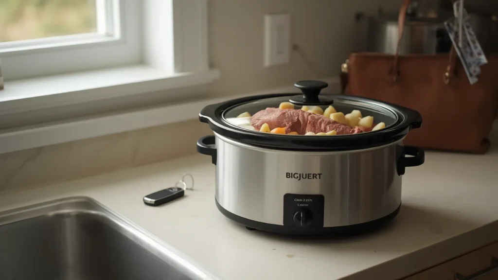 Beef chunks being seared in the metal insert of a multi-cooker before slow cooking