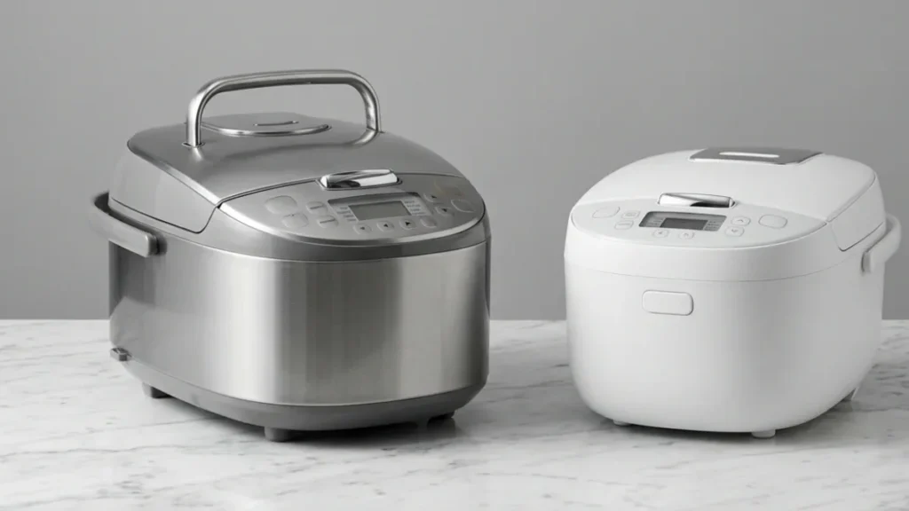 Zojirushi Neuro Fuzzy (NS-ZCC10) Review 2026: Is the $270 Rice Cooker Worth It for a Rice-Eating Family? 6 Two premium rice cookers — one larger stainless-bodied, one white — side by side on a marble countertop