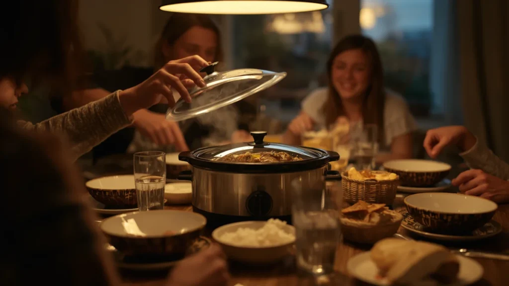 A family serving a slow-cooked stew from a large slow cooker at the dinner table
