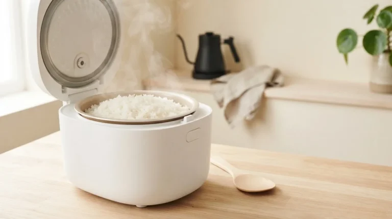 Large rice cooker filled with fluffy white rice on a bright family kitchen countertop