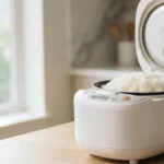 A modern rice cooker on kitchen couter with its lid opened displaying the cooked rice