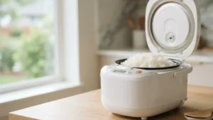 A modern rice cooker on kitchen couter with its lid opened displaying the cooked rice