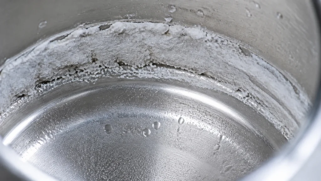 Close-up of white calcium limescale deposits coating the heating plate inside an electric kettle