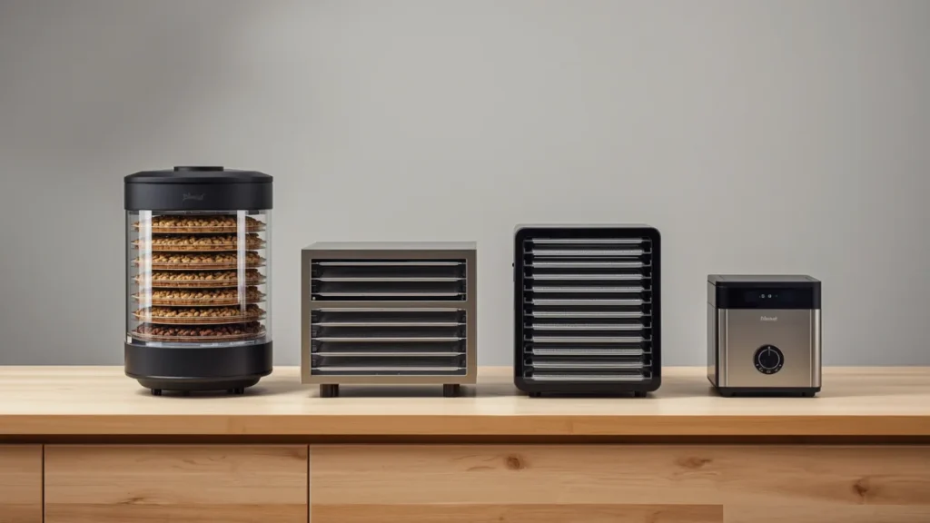 Best Food Dehydrators for Home Use (2026): Budget to Premium Picks Compared 2 Four home food dehydrators of different sizes — round vertical stack, square box, stainless multi-tray, and compact unit