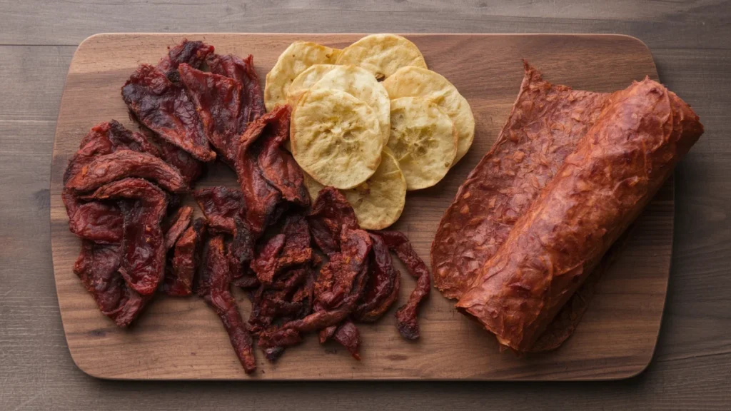 Best Food Dehydrators for Home Use (2026): Budget to Premium Picks Compared 7 finished dried snacks — beef jerky strips, dried apple slices, kale chips, and a rolled fruit-leather sheet — on a rustic wooden board