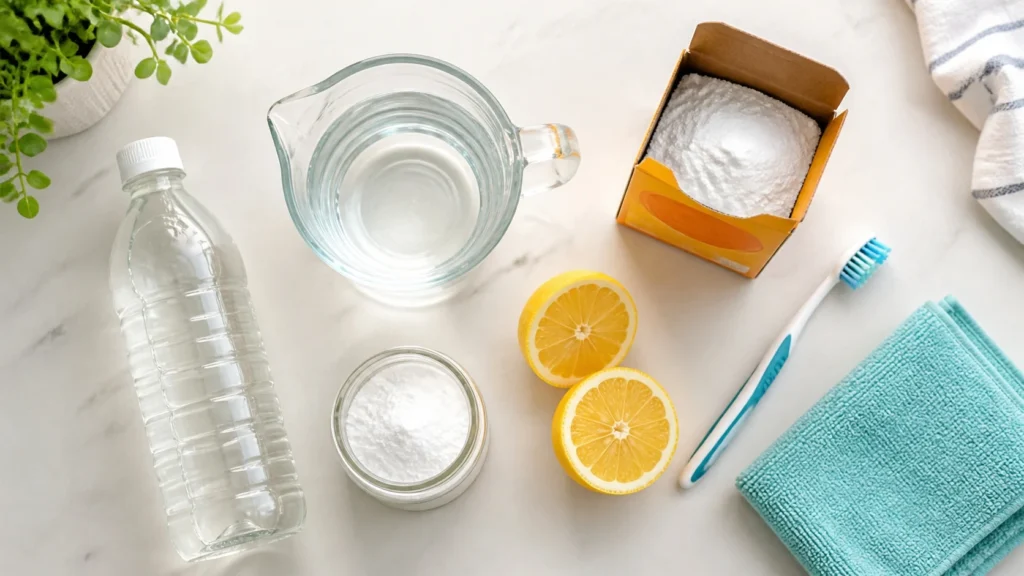 Flat lay of natural descaling ingredients: white vinegar, citric acid powder, lemon, baking soda and a soft brush on a kitchen counter