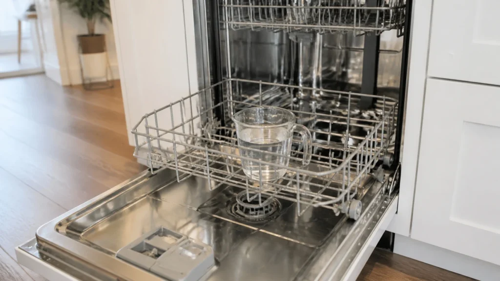 Measuring cup filled with white vinegar standing on the bottom rack of an empty dishwasher ready for a cleaning cycle
