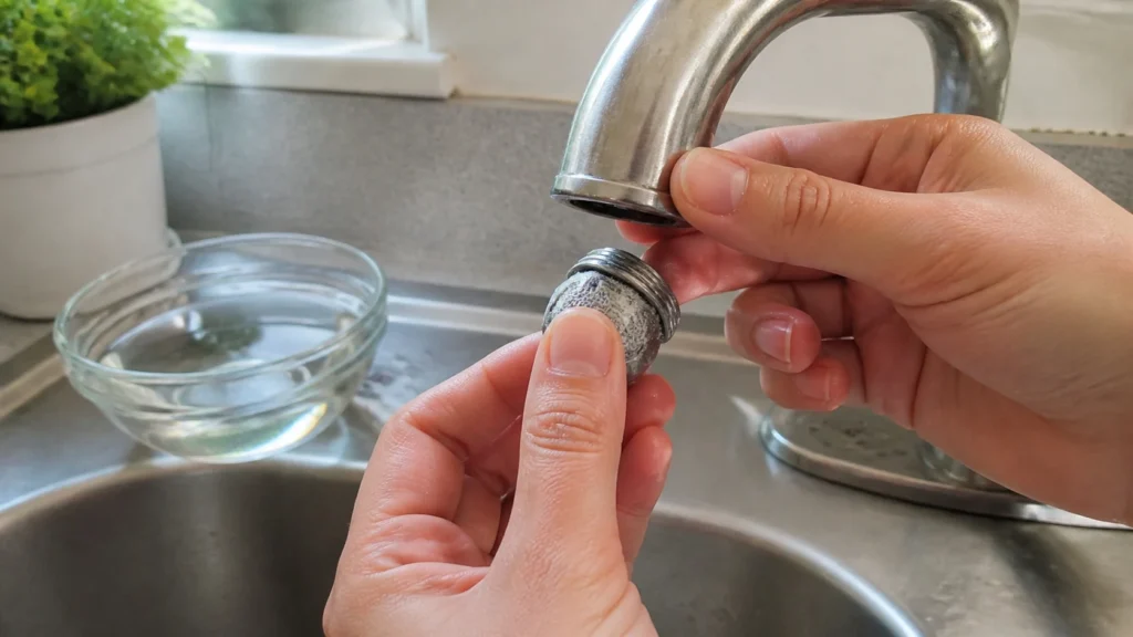  Hands soaking a limescale-covered kitchen faucet aerator in a small bowl of white vinegar beside the sink