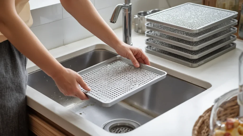 Best Food Dehydrators for Home Use (2026): Budget to Premium Picks Compared 8 Hand removing a stainless steel dehydrator tray to wash it in a kitchen sink, other trays stacked