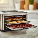 a stainless steel food dehydrator on a kitchen counter, trays loaded with apple slices and beef jerky strips