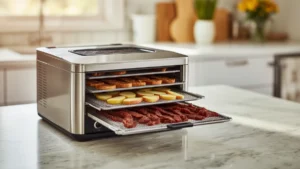 a stainless steel food dehydrator on a kitchen counter, trays loaded with apple slices and beef jerky strips